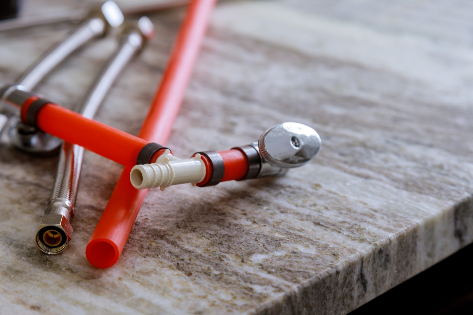 Close-up of home piping and shutoff valves