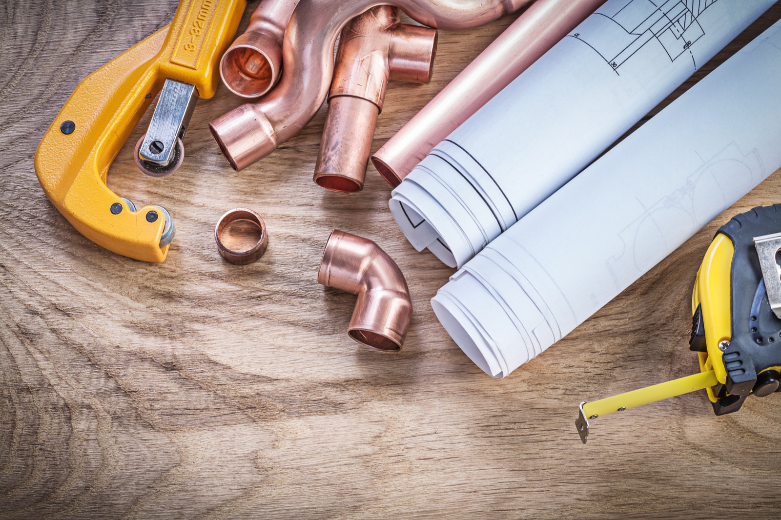 Plumbing blueprint with copper pipes and fittings