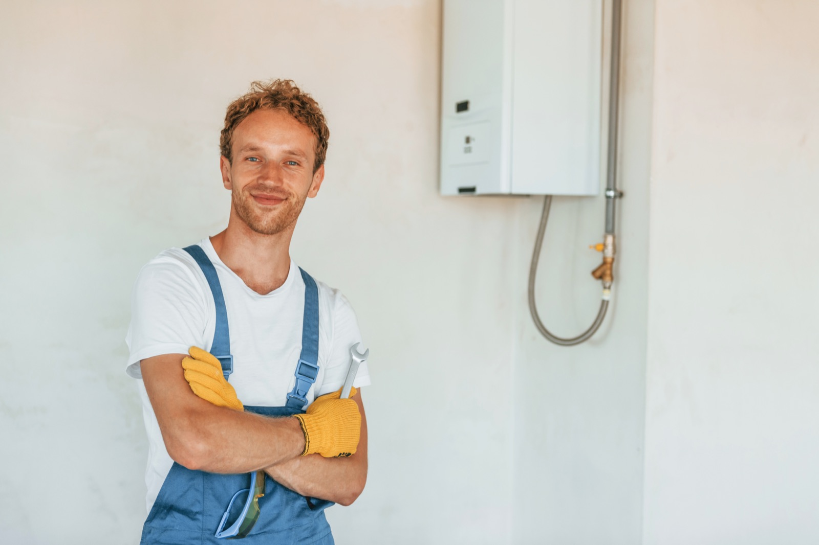Plumber holding a wrench, ready to install a pressure-reducing valve