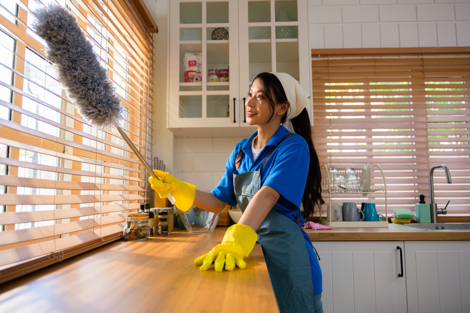 Clean window blinds in a sunlit kitchen