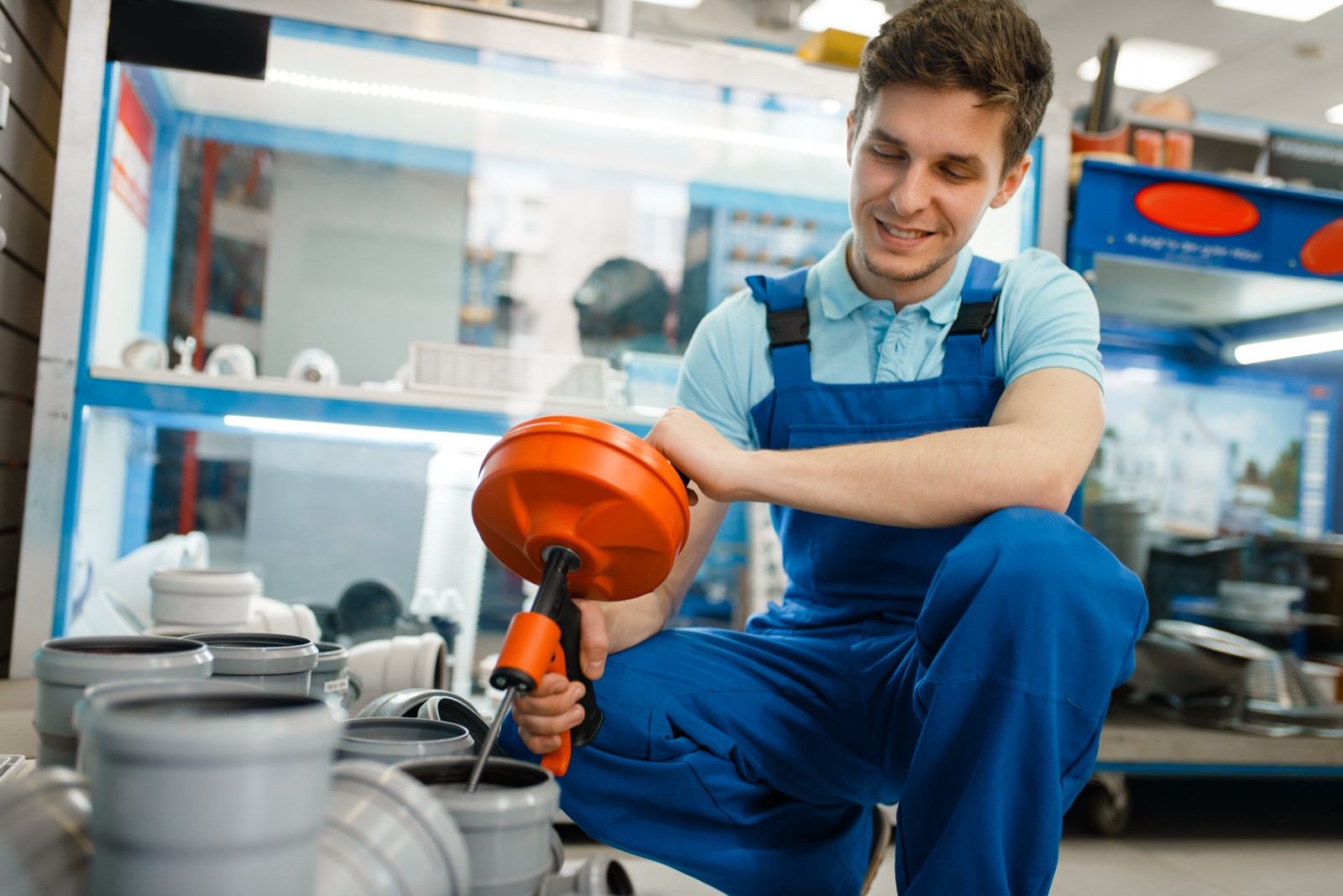 Plumbing technician holding a drain cleaning machine used for Garland sewer calls